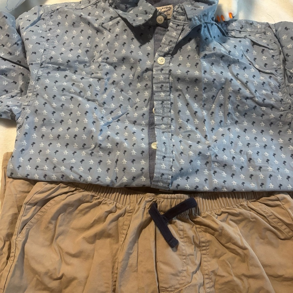Original Penguin Tan Shorts and Dress Shirt with Blue and Tan Youth Size 12